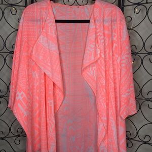 Neon coral, sheer, Aztec print kimono